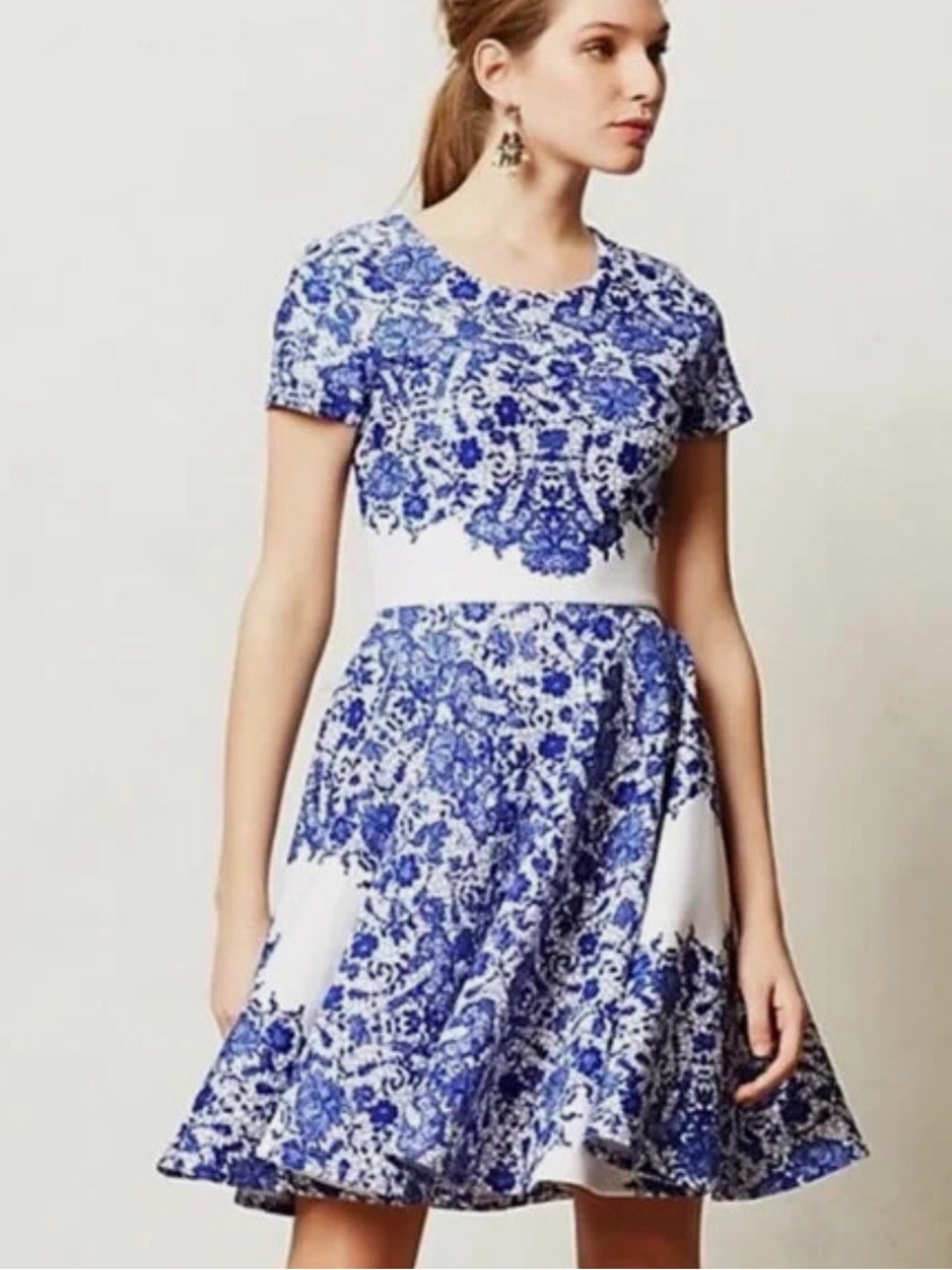 Marc Bouwer for Anthropologie Blue and White Floral Fit-and-Flare Dress